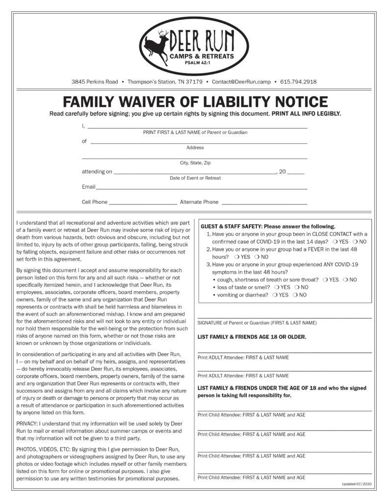 Deer Run Family Waiver of Liability Form