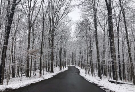 snowy entrance main drive at Deer Run Camps & Retreats