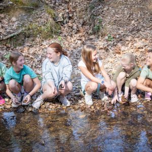 several girl campers smiling at each other in the creek at IGNITE Spring Break Day Camp